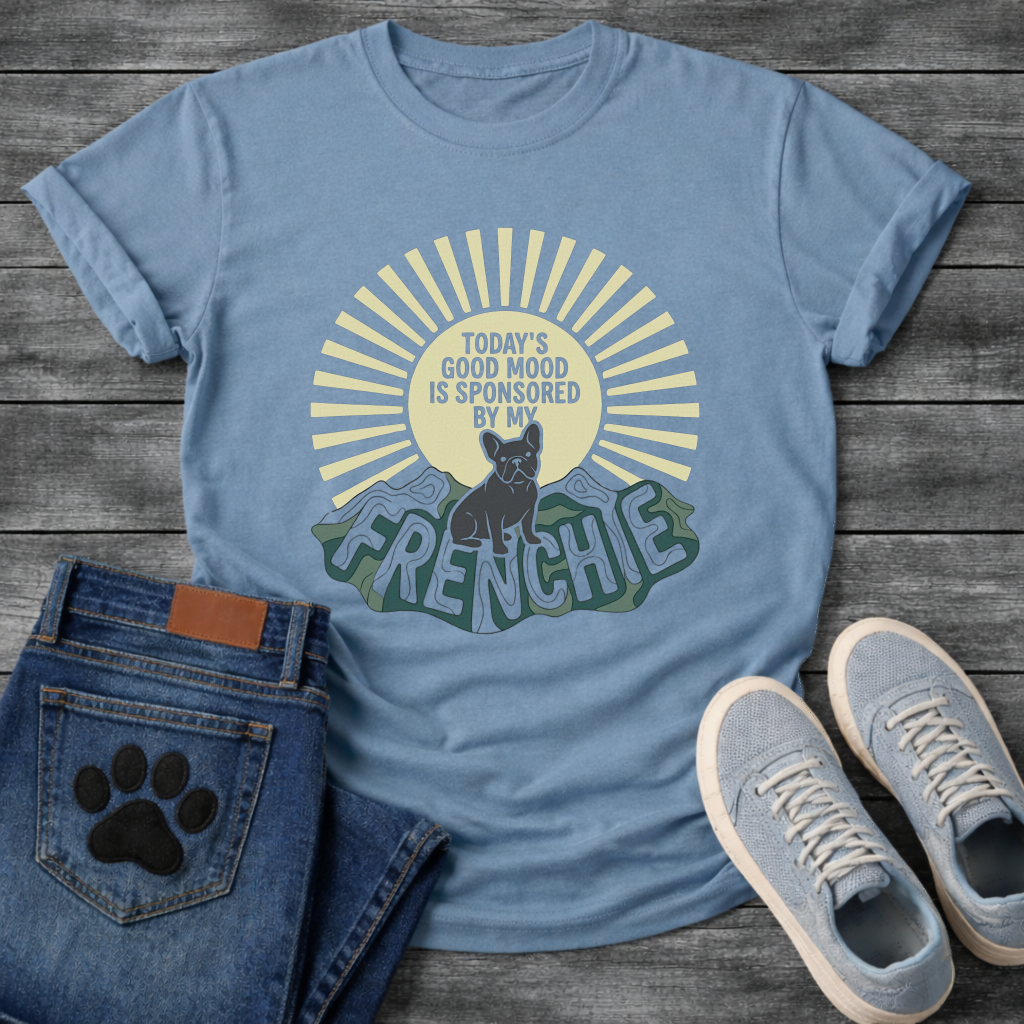 Today's Good Mood Sponsored By My Frenchie groovy retro sun contour lettering funny French Bulldog shirt