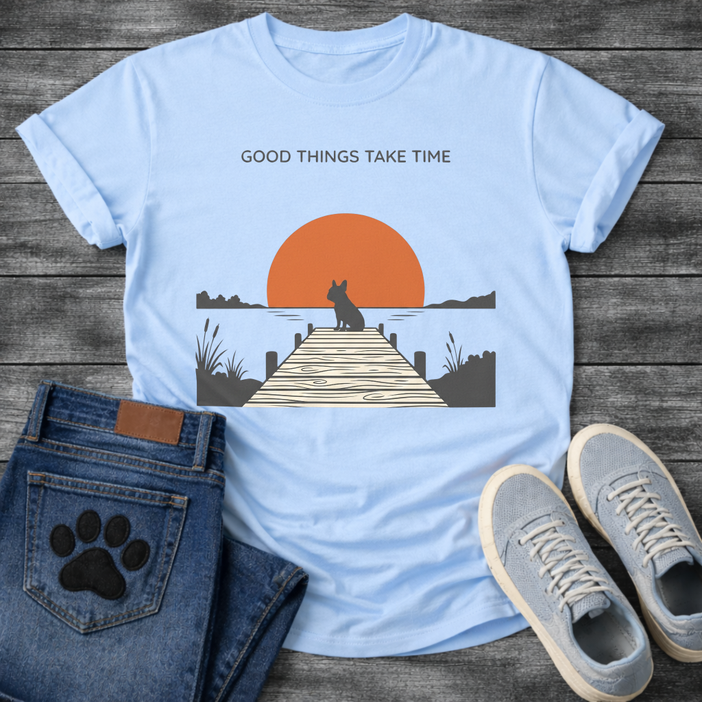 French Bulldog t-shirt with Frenchie silhouette sitting on a wooden dock facing a large terracotta sunset over water, reeds and shoreline on either side, text above reading Good Things Take Time, two-color vintage landscape illustration