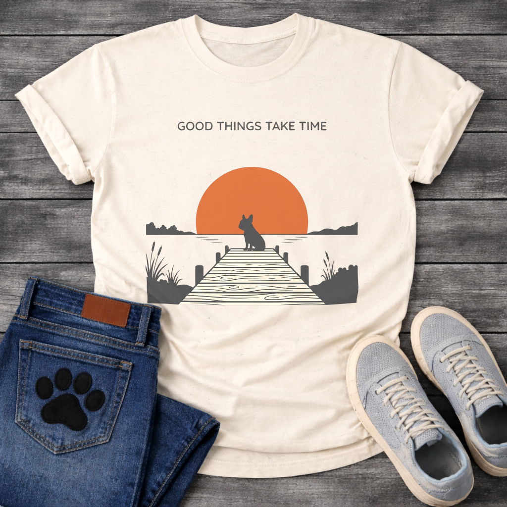 French Bulldog t-shirt with Frenchie silhouette sitting on a wooden dock facing a large terracotta sunset over water, reeds and shoreline on either side, text above reading Good Things Take Time, two-color vintage landscape illustration