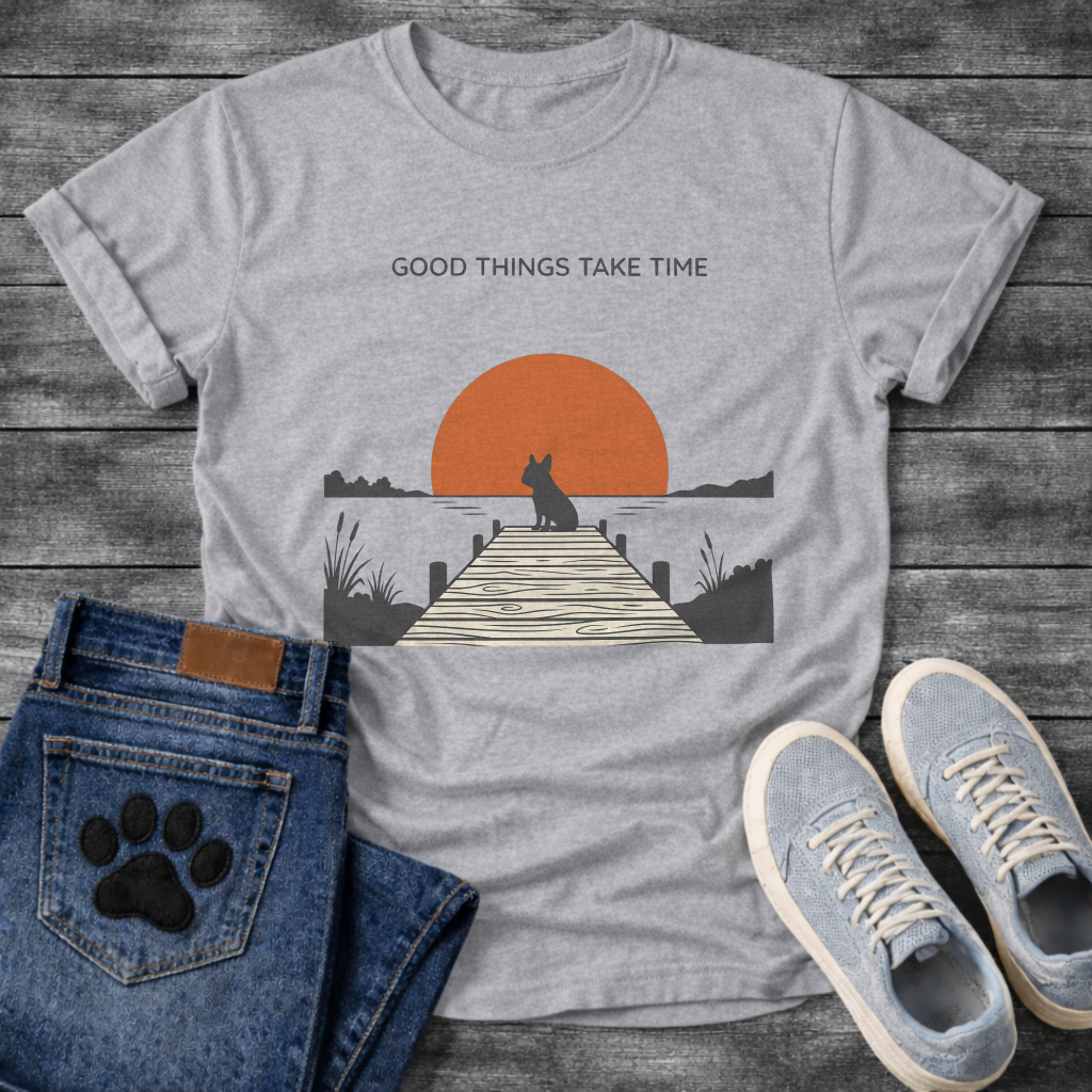 French Bulldog t-shirt with Frenchie silhouette sitting on a wooden dock facing a large terracotta sunset over water, reeds and shoreline on either side, text above reading Good Things Take Time, two-color vintage landscape illustration
