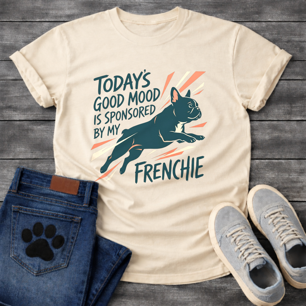 Today's Good Mood Sponsored By My Frenchie leaping graphic t-shirt funny French Bulldog shirt