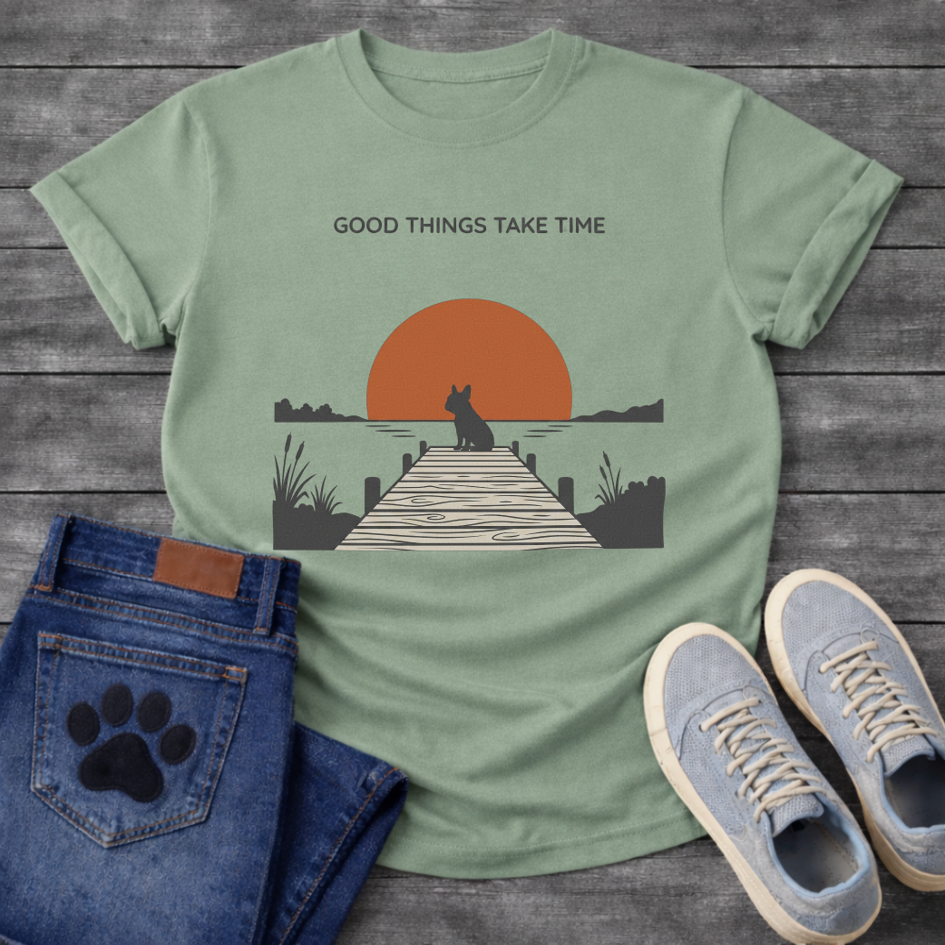 French Bulldog t-shirt with Frenchie silhouette sitting on a wooden dock facing a large terracotta sunset over water, reeds and shoreline on either side, text above reading Good Things Take Time, two-color vintage landscape illustration