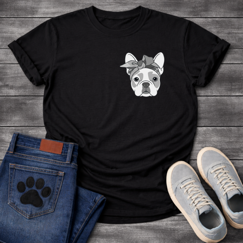 French Bulldog portrait with grey bandana bow line art pocket graphic tee