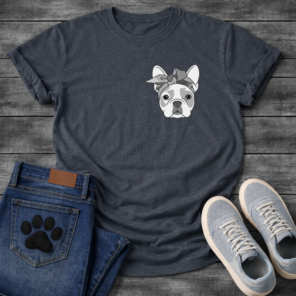 French Bulldog portrait with grey bandana bow line art pocket graphic tee
