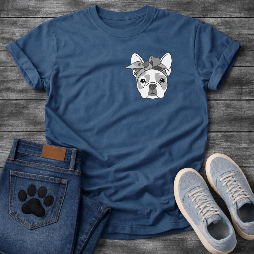 French Bulldog portrait with grey bandana bow line art pocket graphic tee