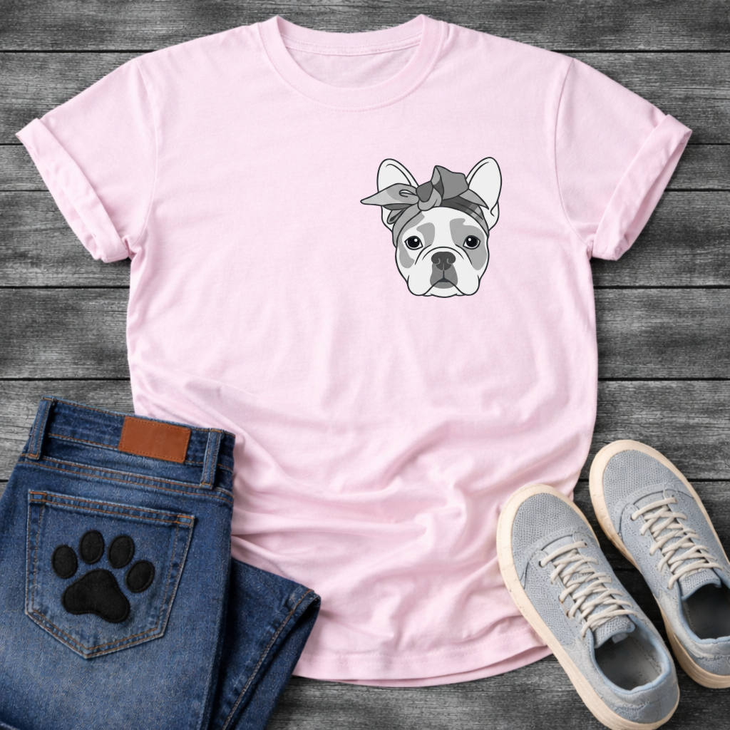 French Bulldog portrait with grey bandana bow line art pocket graphic tee