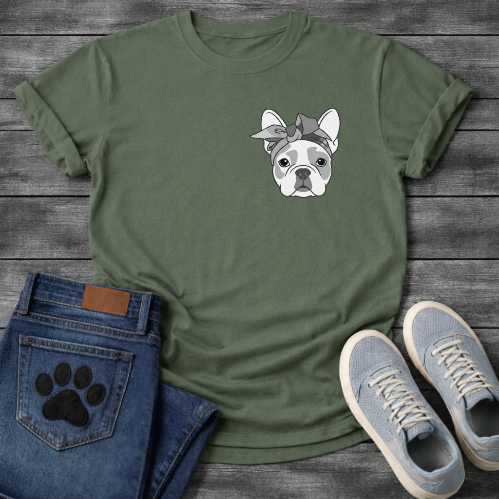 French Bulldog portrait with grey bandana bow line art pocket graphic tee