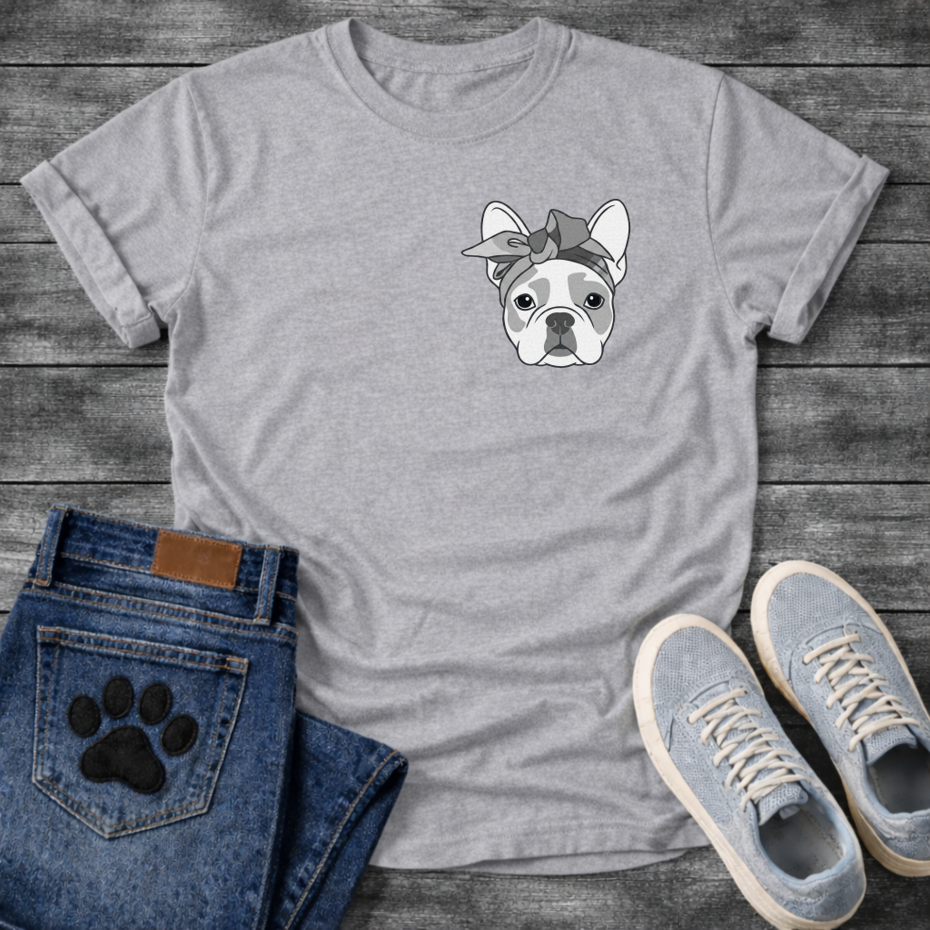 French Bulldog portrait with grey bandana bow line art pocket graphic tee