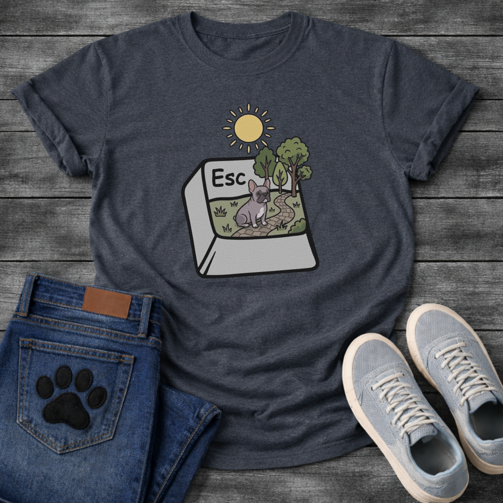 Blue French Bulldog escape key nature scene funny dog shirt graphic unisex tee