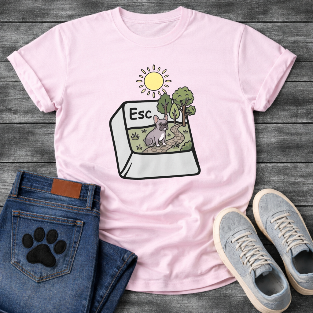 Blue French Bulldog escape key nature scene funny dog shirt graphic unisex tee