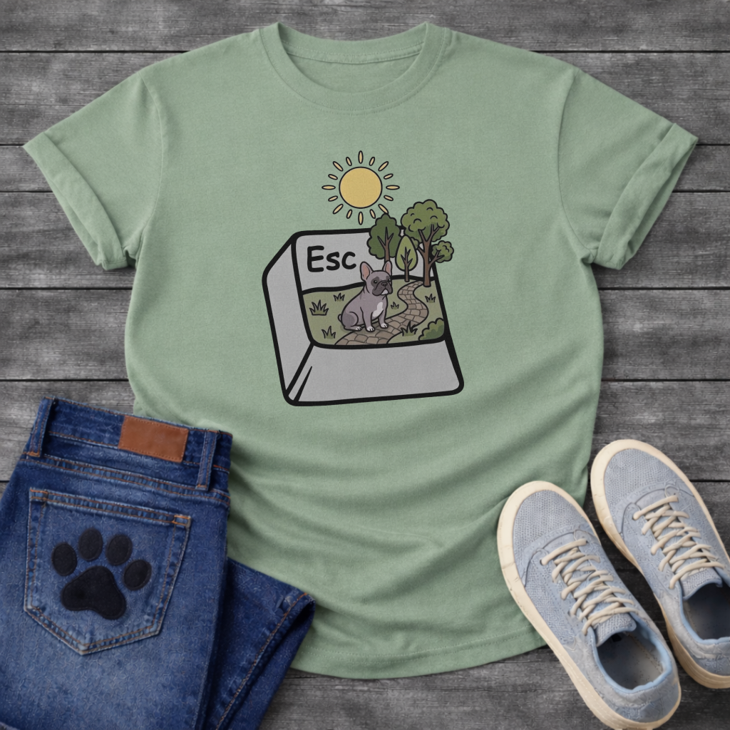 Blue French Bulldog escape key nature scene funny dog shirt graphic unisex tee