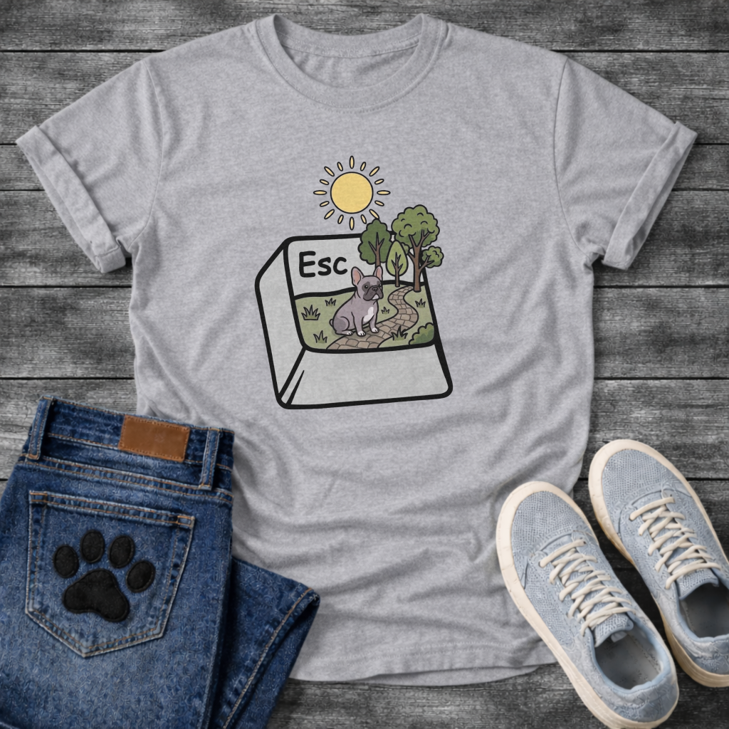 Blue French Bulldog escape key nature scene funny dog shirt graphic unisex tee
