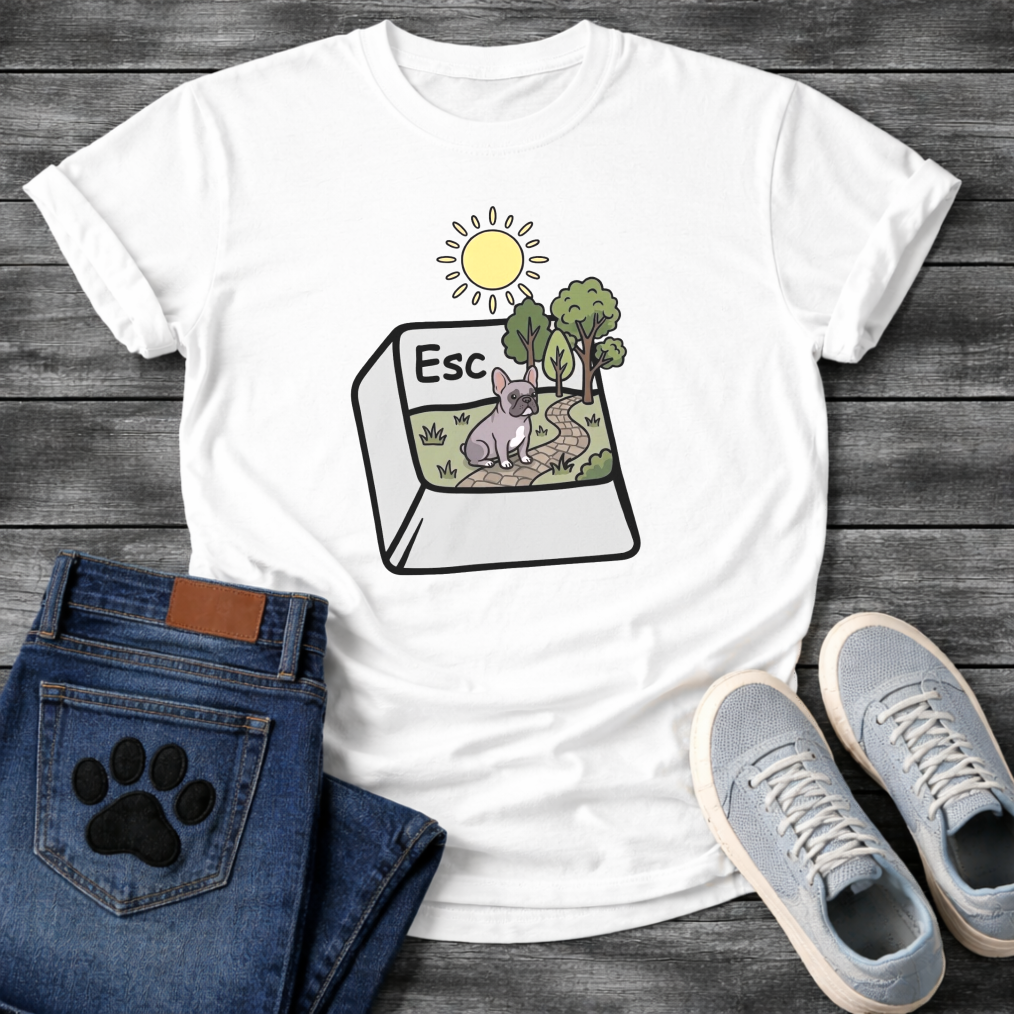 Blue French Bulldog escape key nature scene funny dog shirt graphic unisex tee