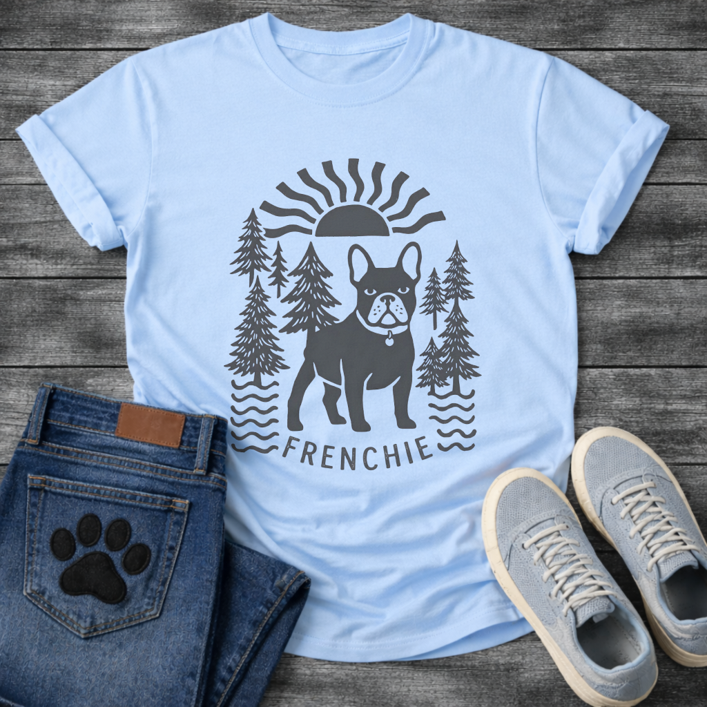 French Bulldog outdoor sun pine trees graphic dog shirt unisex tee