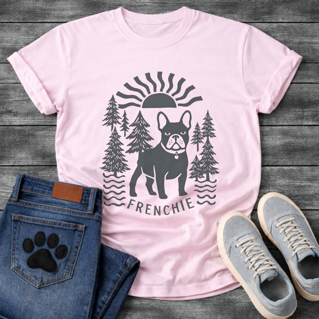 French Bulldog outdoor sun pine trees graphic dog shirt unisex tee