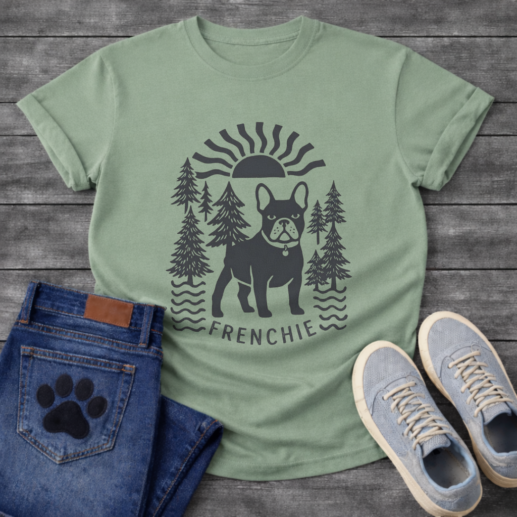 French Bulldog outdoor sun pine trees graphic dog shirt unisex tee