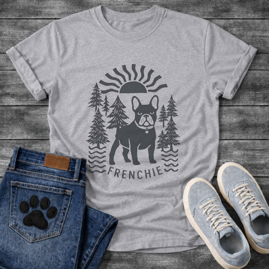 French Bulldog outdoor sun pine trees graphic dog shirt unisex tee