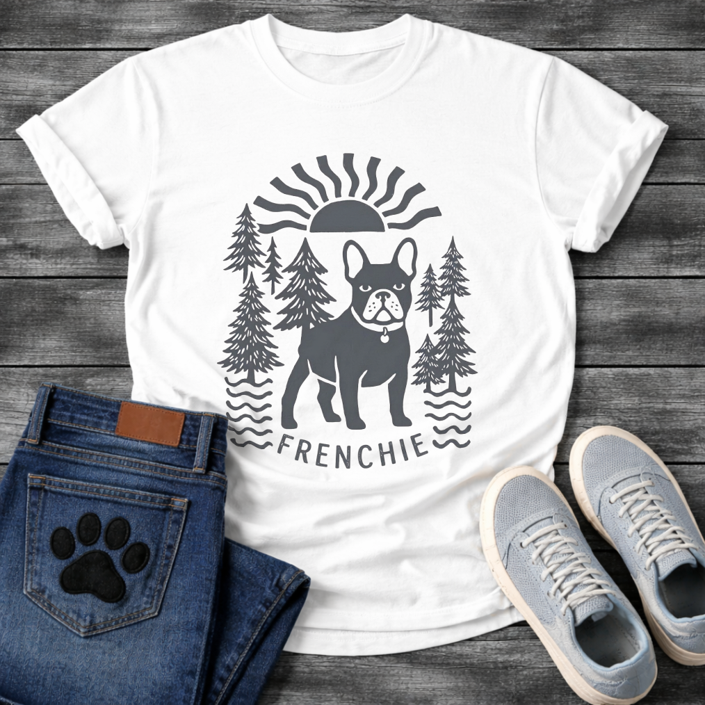 French Bulldog outdoor sun pine trees graphic dog shirt unisex tee