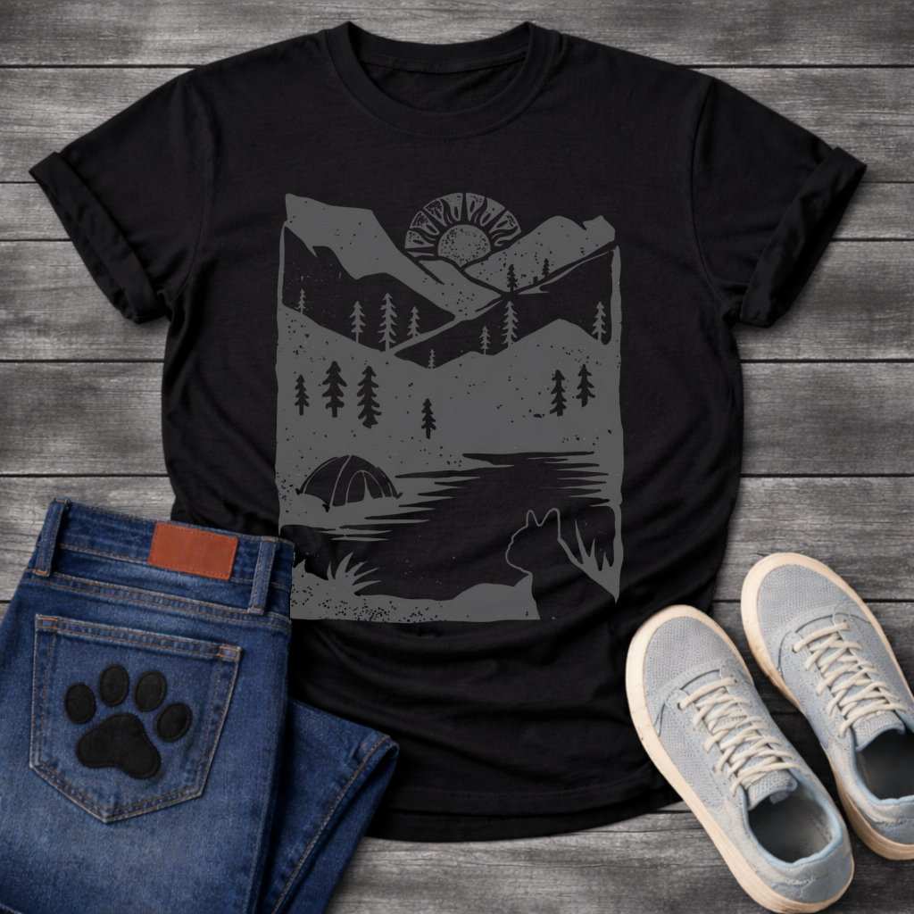 French Bulldog mountain sunrise camping silhouette graphic dog shirt tee
