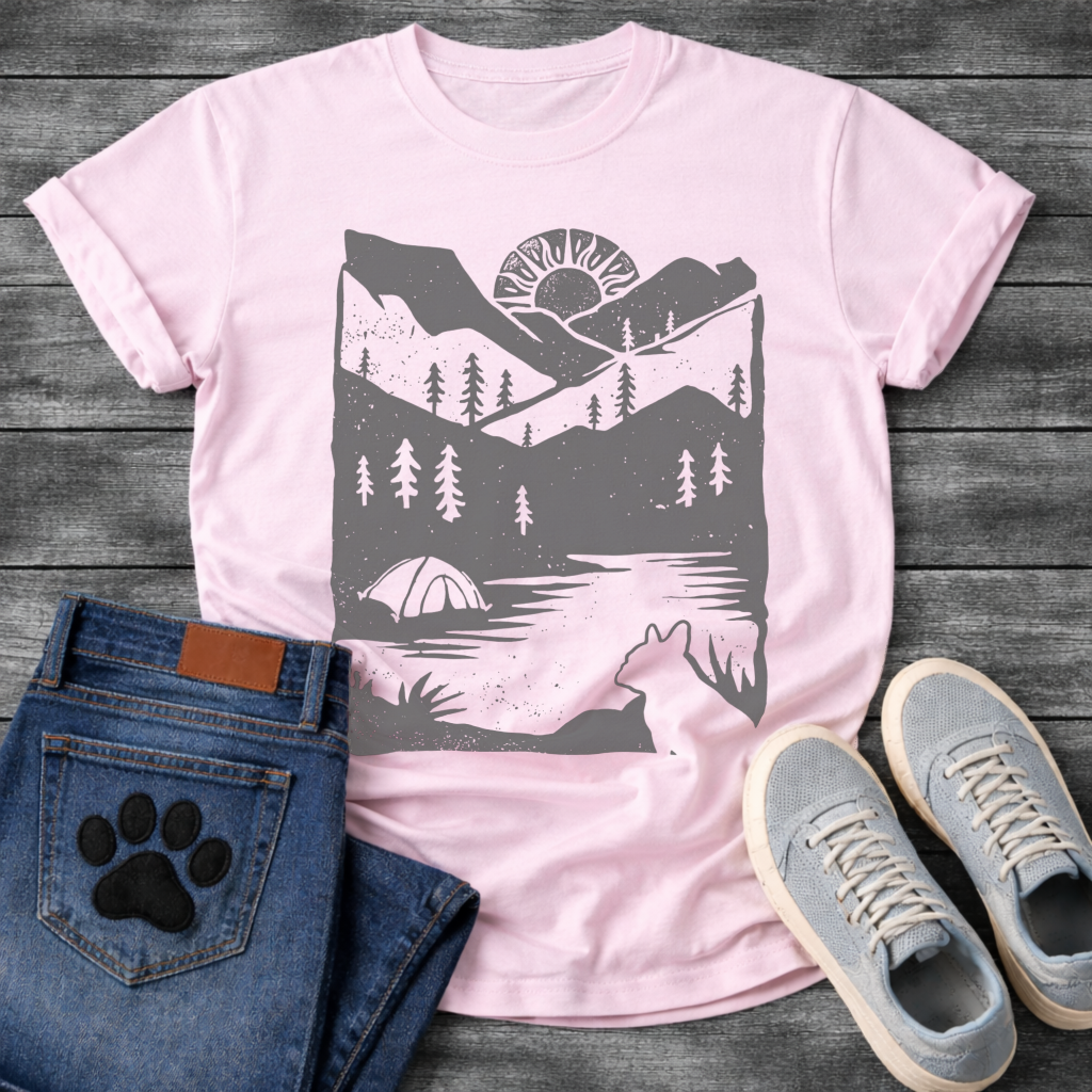 French Bulldog mountain sunrise camping silhouette graphic dog shirt tee