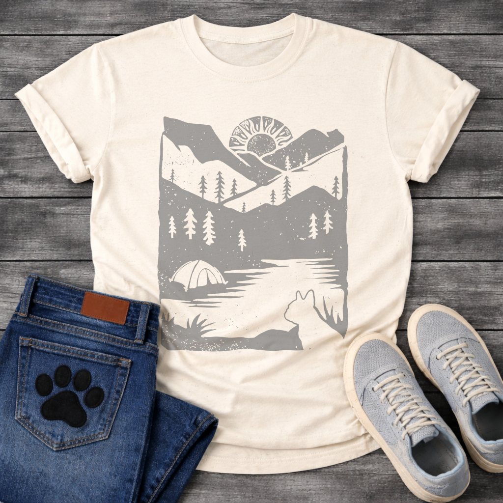 French Bulldog mountain sunrise camping silhouette graphic dog shirt tee