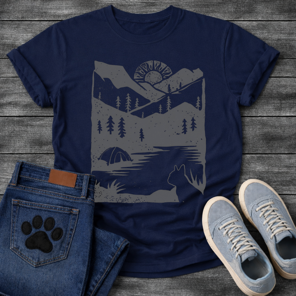 French Bulldog mountain sunrise camping silhouette graphic dog shirt tee
