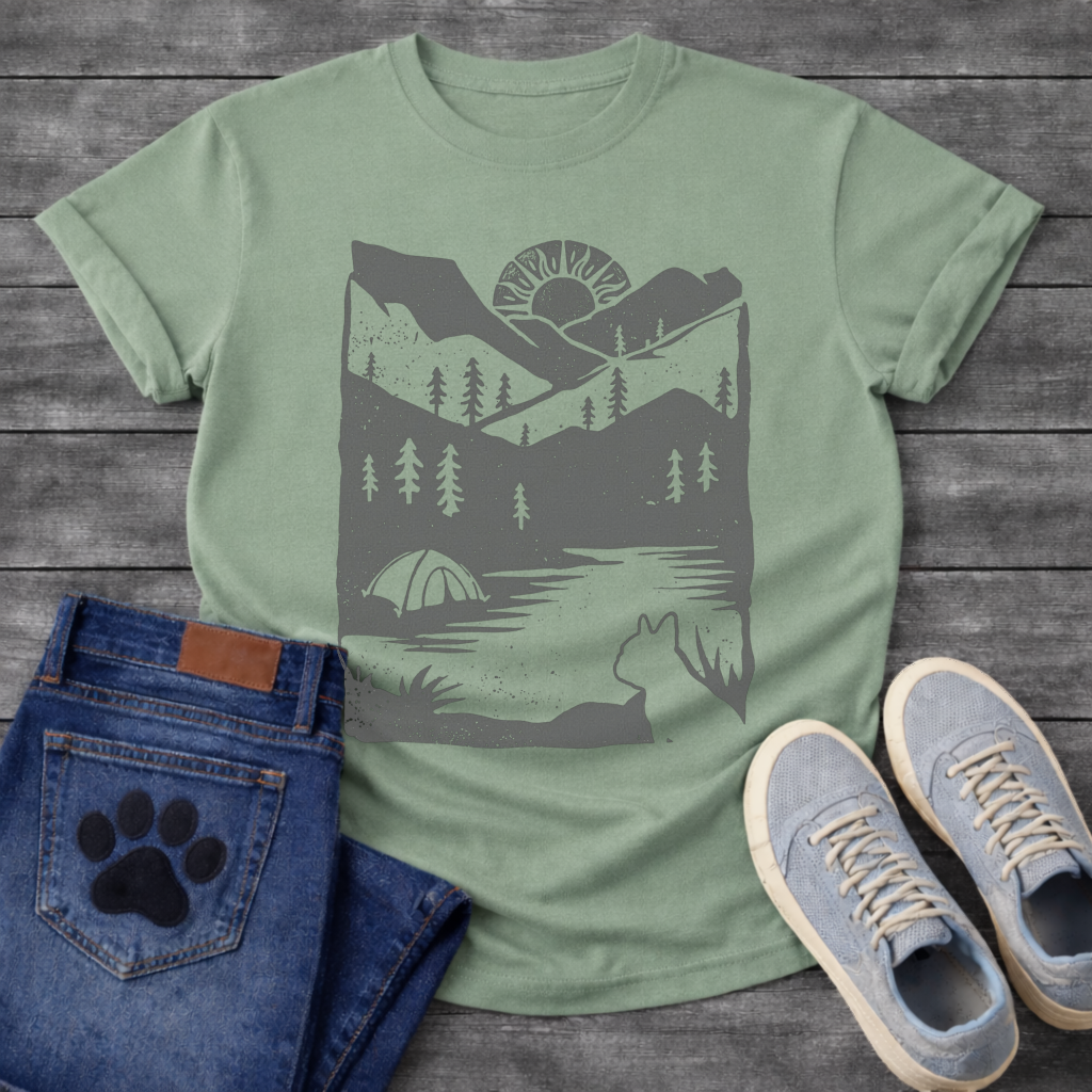 French Bulldog mountain sunrise camping silhouette graphic dog shirt tee