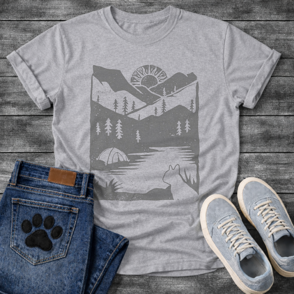 French Bulldog mountain sunrise camping silhouette graphic dog shirt tee