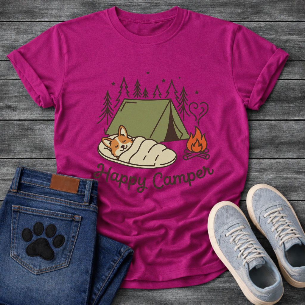 Funny happy camper dog shirt with retro camping design for pet lovers