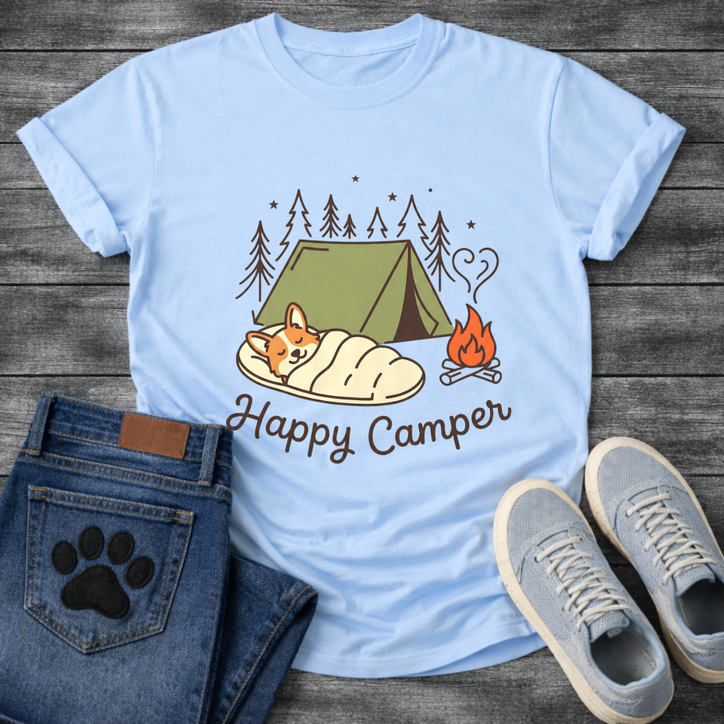 Funny happy camper dog shirt with retro camping design for pet lovers