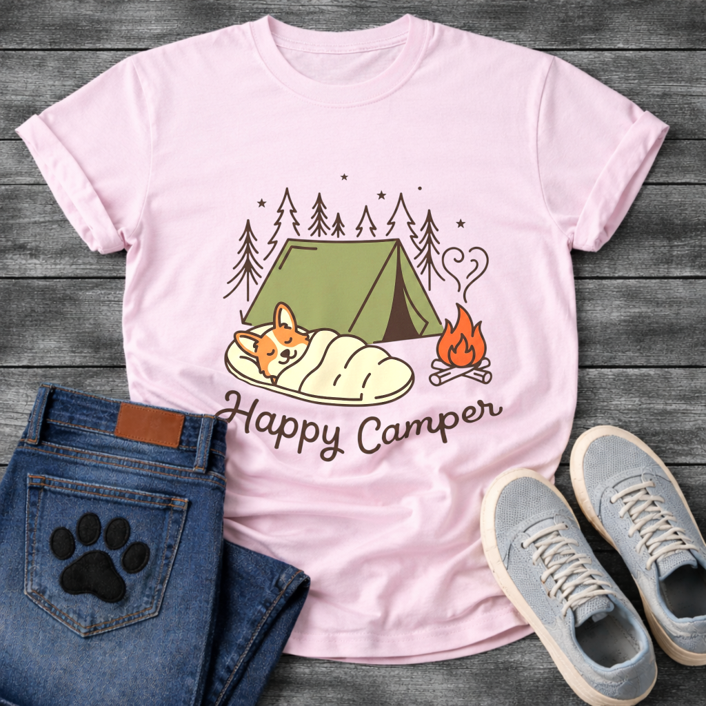 Funny happy camper dog shirt with retro camping design for pet lovers