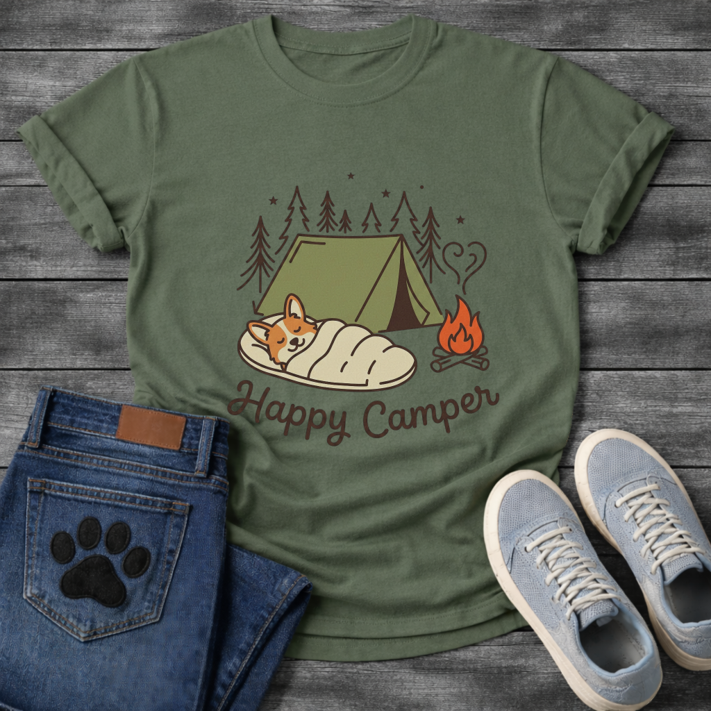 Funny happy camper dog shirt with retro camping design for pet lovers