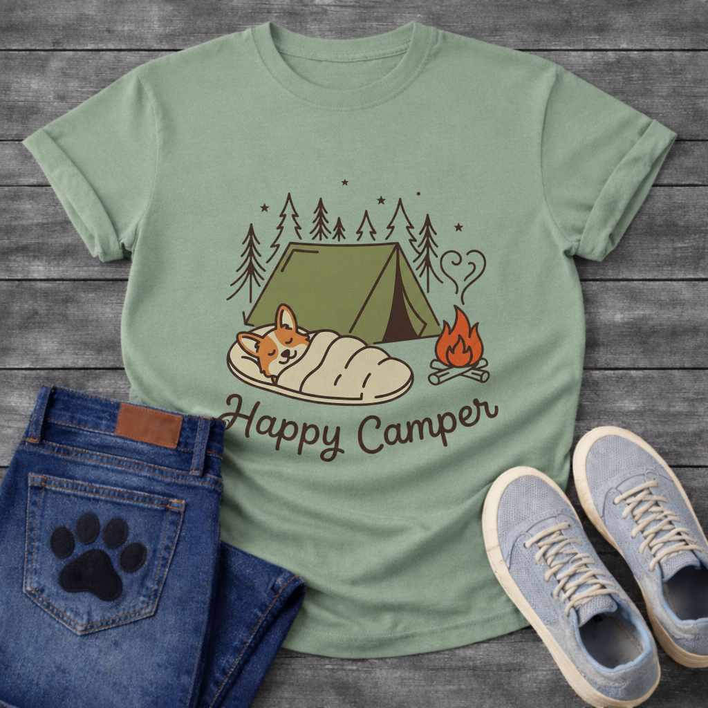 Funny happy camper dog shirt with retro camping design for pet lovers
