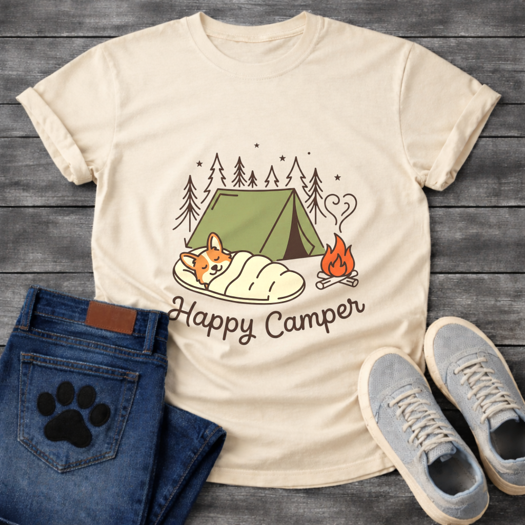 Funny happy camper dog shirt with retro camping design for pet lovers
