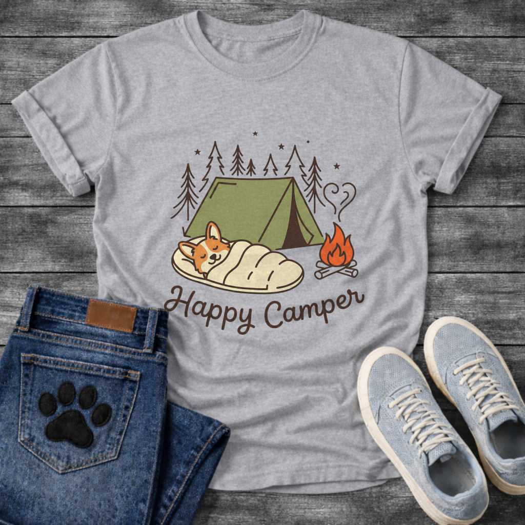 Funny happy camper dog shirt with retro camping design for pet lovers