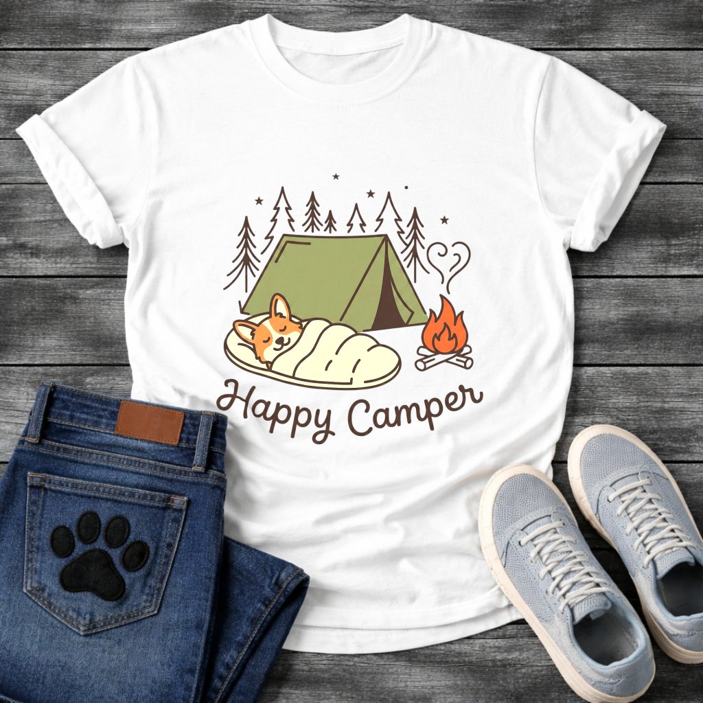 Funny happy camper dog shirt with retro camping design for pet lovers
