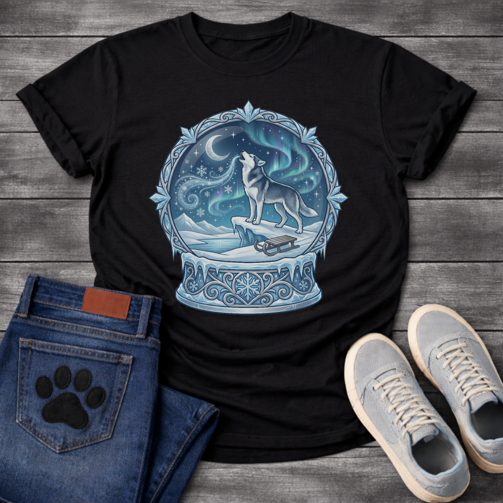 Winter aurora Husky dog shirt with snow globe design for Husky lovers