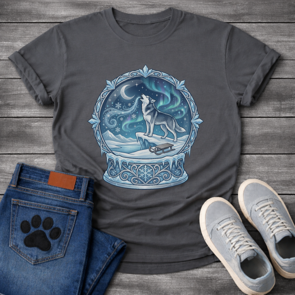 Winter aurora Husky dog shirt with snow globe design for Husky lovers