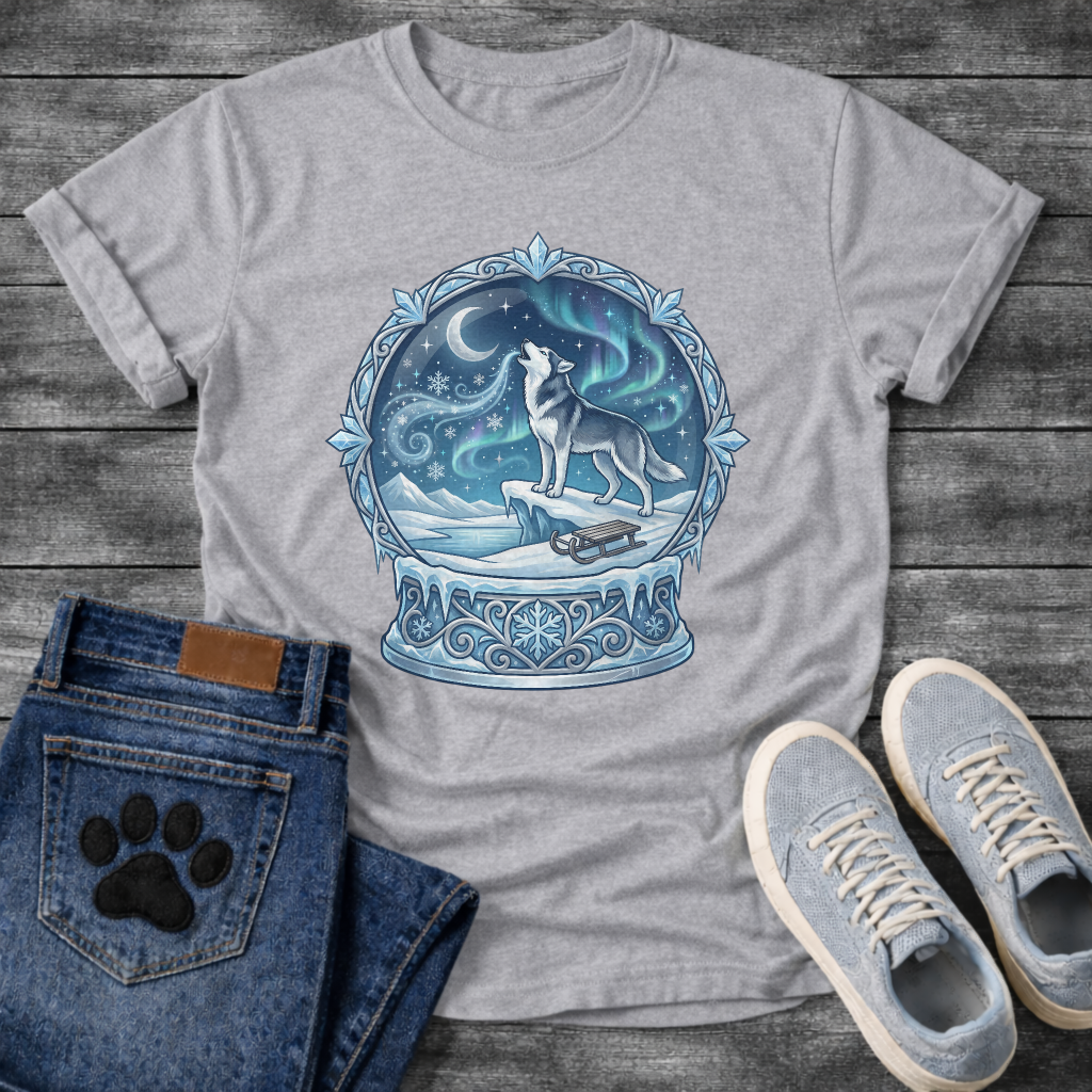 Winter aurora Husky dog shirt with snow globe design for Husky lovers