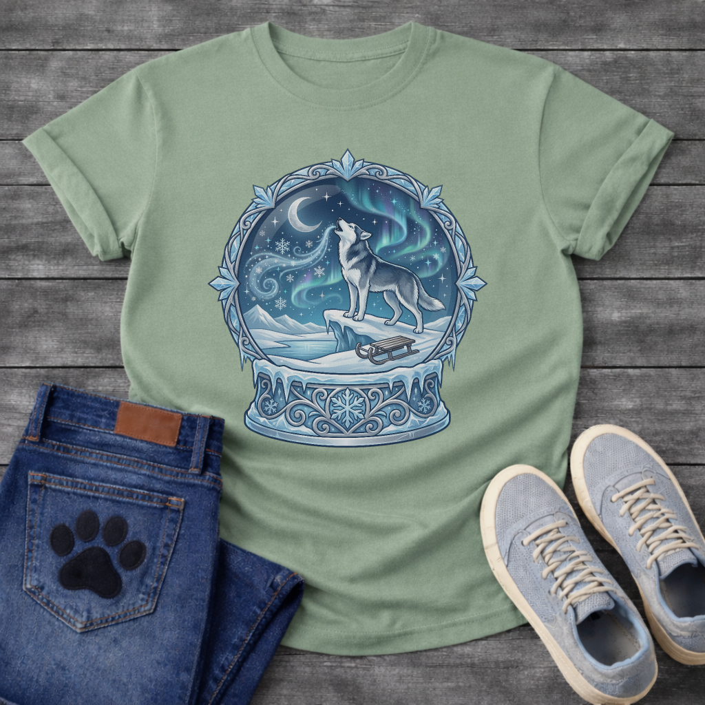 Winter aurora Husky dog shirt with snow globe design for Husky lovers