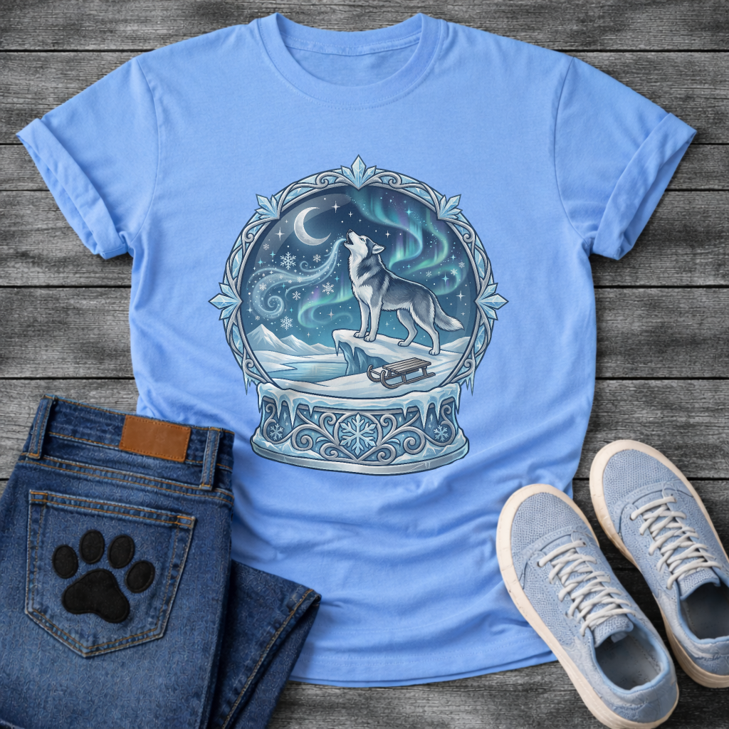 Winter aurora Husky dog shirt with snow globe design for Husky lovers