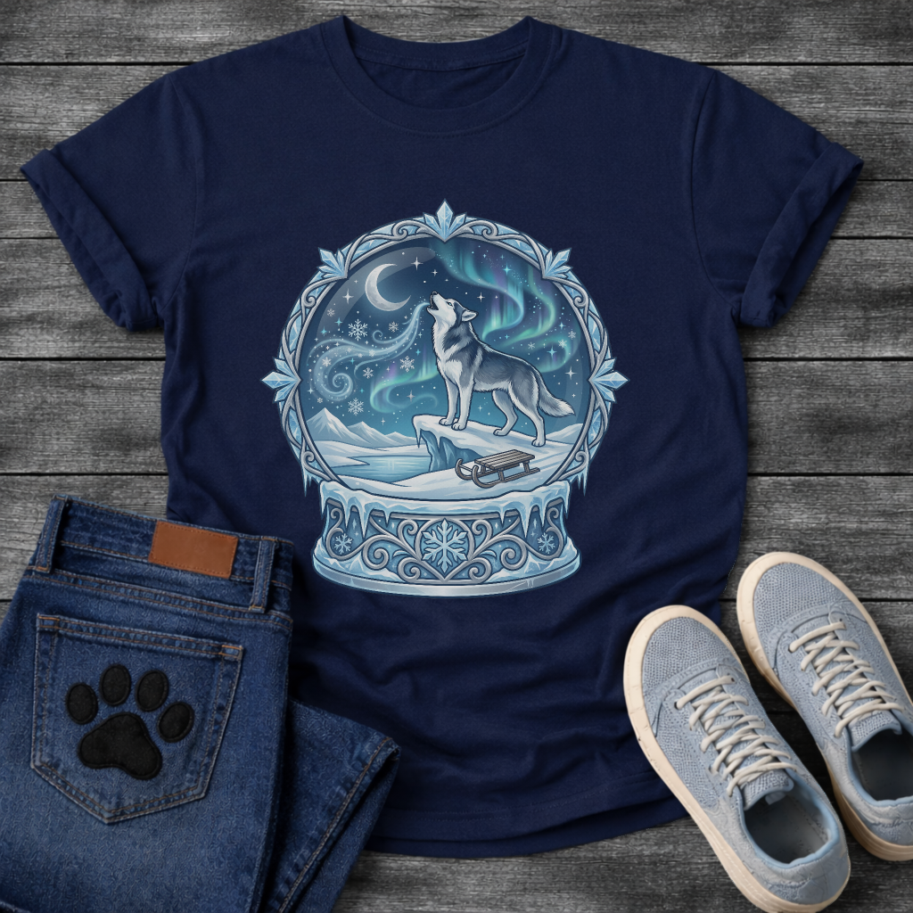 Winter aurora Husky dog shirt with snow globe design for Husky lovers