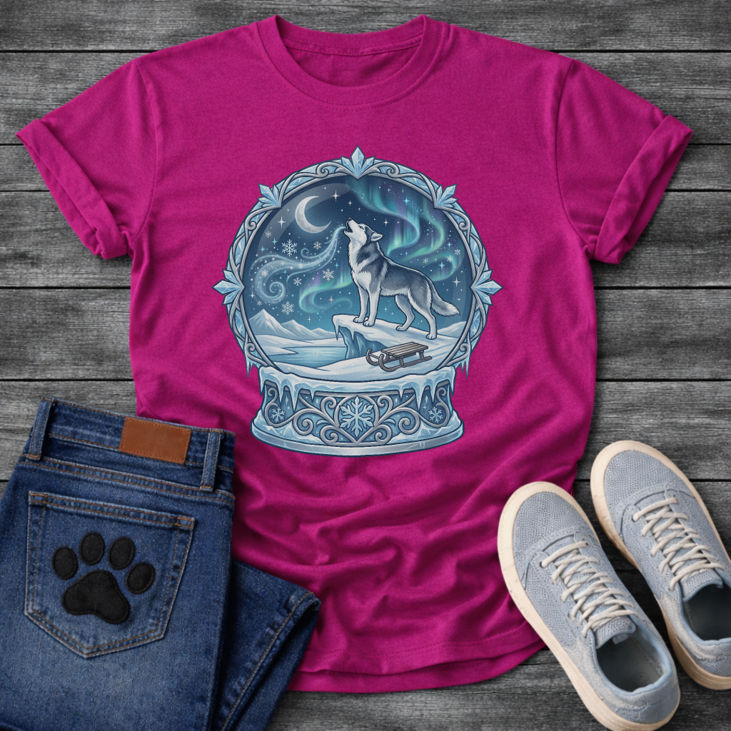 Winter aurora Husky dog shirt with snow globe design for Husky lovers