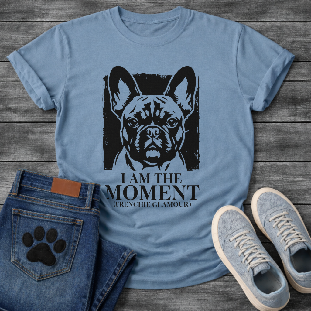 French Bulldog I Am The Moment Frenchie Glamour funny dog shirt graphic tee