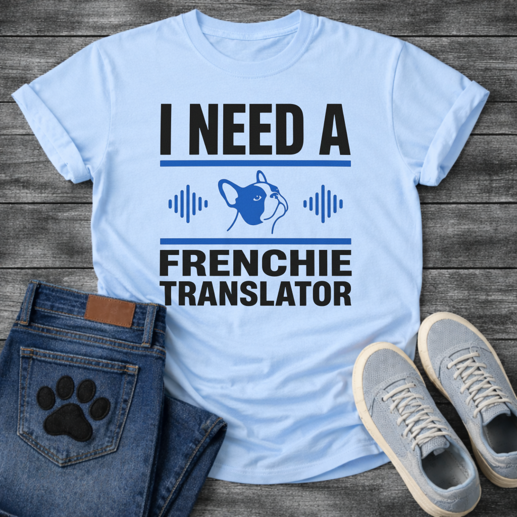 I Need A Frenchie Translator bold typography with French Bulldog icon and sound wave graphic tee
