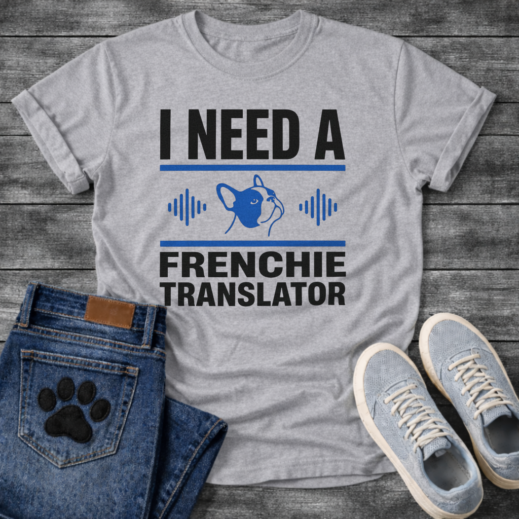 I Need A Frenchie Translator bold typography with French Bulldog icon and sound wave graphic tee
