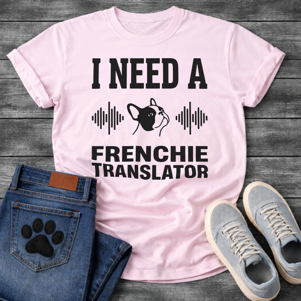 French Bulldog t-shirt with bold collegiate typography reading I Need a Frenchie Translator, black Frenchie face silhouette flanked by sound wave graphics, single dark ink on warm sand tee, clean graphic design