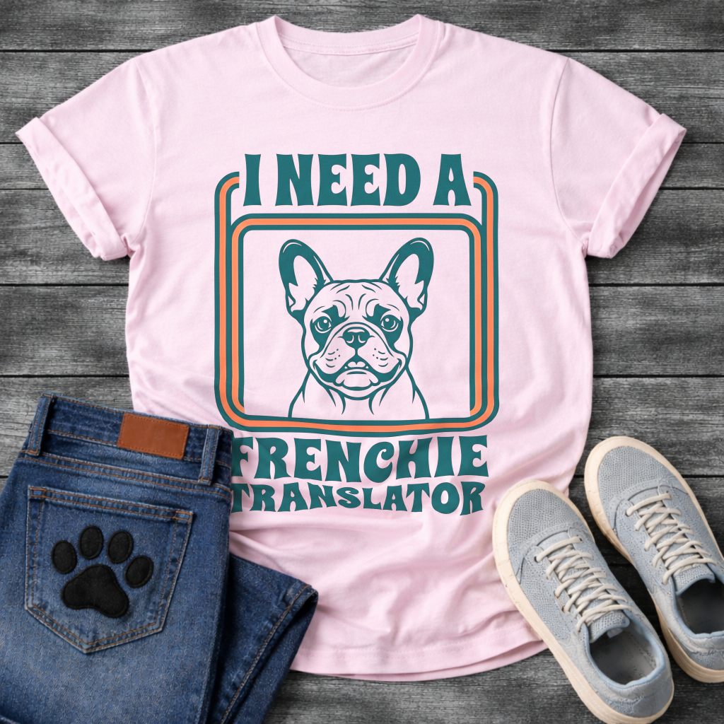 French Bulldog t-shirt with retro 70s groovy typography reading I Need a Frenchie Translator, detailed Frenchie portrait centered in teal and orange rounded rectangle frame, two-color retro illustration on warm sand tee