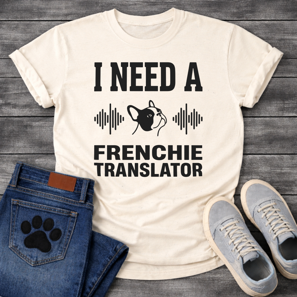 French Bulldog t-shirt with bold collegiate typography reading I Need a Frenchie Translator, black Frenchie face silhouette flanked by sound wave graphics, single dark ink on warm sand tee, clean graphic design