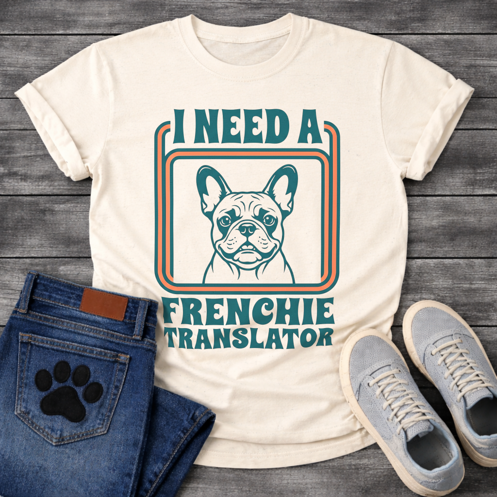 French Bulldog t-shirt with retro 70s groovy typography reading I Need a Frenchie Translator, detailed Frenchie portrait centered in teal and orange rounded rectangle frame, two-color retro illustration on warm sand tee